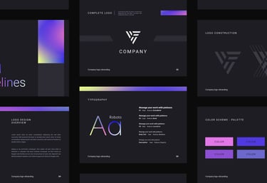 Professional brand guidelines presentation template featuring minimalist logo design, typography, and neon color palette.