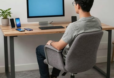 A cozy workspace with a laptop showing a course webpage design.