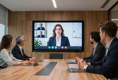 A modern meeting room in a Iberian / Latin American business center where a video presentation with AI is being shown on a screen.