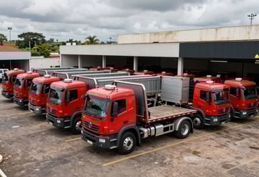 A wide view of a clean and organized professional towing fleet service yard in Brazil. Multiple red and black trucks are ready for departure. High-quality commercial photography, South American context.