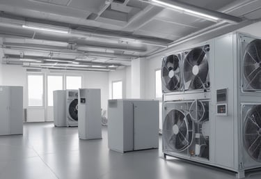 Technician repairing a large industrial chiller unit outdoors on a sunny day.
