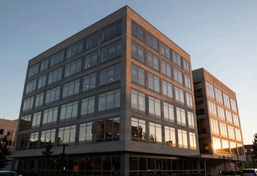 A wide-angle view of a modern office building exterior in Spokane, Washington, reflecting the light of a sunset on its windows, conveying professionalism.