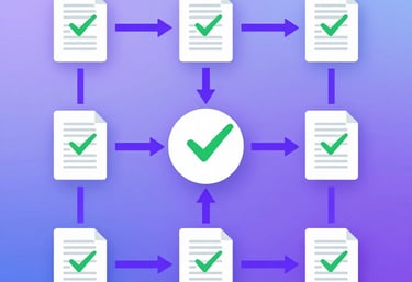 A sleek dashboard showing automated approval workflows with Microsoft Power Automate icons and compliance checkmarks.