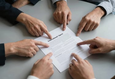 A top-down view of a collaborative meeting table with hands pointing at a document, soft lighting, and high-quality stationary, in an International / English-speaking market.