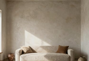 A minimalist living room interior in South American / Mexican style with raw AAC textured walls exposed as a design element, soft indirect sunlight.