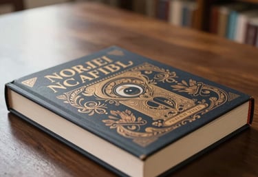 Close-up photography of a beautifully designed hardcover novel resting on a dark wood table in a sophisticated Indonesian home library with soft morning light.