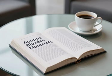 A professional business and management book lying on a minimalist glass table next to a cup of coffee in a modern Indonesian corporate lounge.