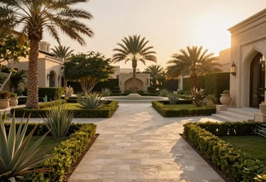 A manicured luxury garden with desert-adapted plants and elegant stone walkways at a UAE villa, golden hour lighting, Middle Eastern / Gulf context.