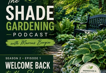 The Shade Gardening Podcast cover featuring host Marcus Bergin with a lush hosta garden and wooden bench.