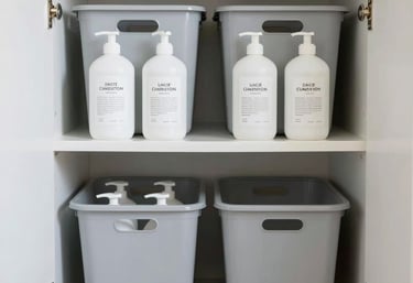 A perfectly organized home laundry cupboard with clear bins and white labeled bottles. Clean, symmetrical composition, North American / US interior design, using a palette of soft gray and white.