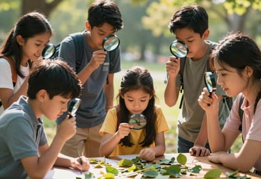 A group of North American homeschooling families gathered in a park for an outdoor science lesson, looking at leaves through magnifying glasses, bright natural sunlight.