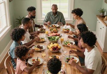 A high-angle shot of a diverse group of North American / US families sharing a meal at a long wooden table in a sun-drenched Cream and Sage Green room.