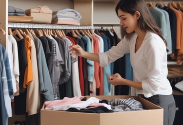 Volunteers sorting donated clothes in a bright community center.