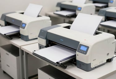 An organized North American workspace featuring high-quality digital ink jet printers and multi-format paper folders. The setting is clean, bright, and modern, using off-white and light blue tones.