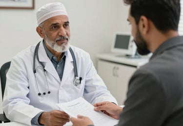 A confident doctor reviewing loan documents in a bright office setting.