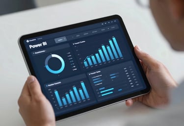A sharp photograph of a tablet screen displaying a sophisticated Power BI dashboard with Steel Blue charts, held by a professional in a corporate setting.