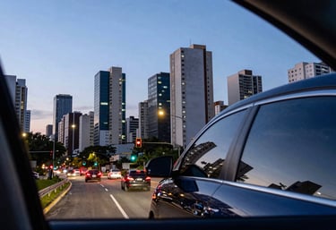 A wide-angle view of the São Paulo city skyline at dusk with traffic lights blurring, seen through the tinted window of a luxury car. Deep steel blue and soft white light.