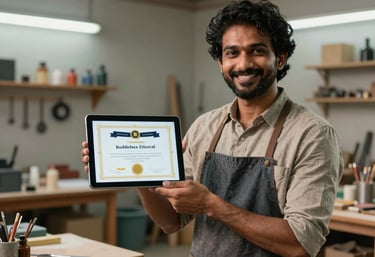 Portrait of a smiling South Asian artisan in a well-lit workshop, proudly holding a digital tablet that displays a certificate of excellence.