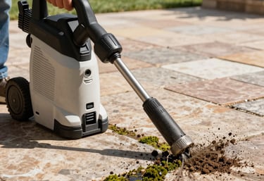 A powerful pressure washer clearing dirt and moss from a flagstone patio in a sunny North American Texas backyard, showing the bright stone beneath.