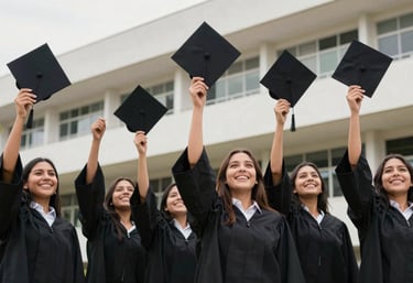 A group of happy South American graduates throwing their caps in the air in front of a modern educational building, celebrating their professional future, bright and airy photography.