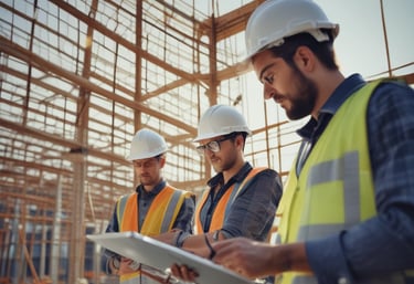 Construction team reviewing blueprints on a commercial site.