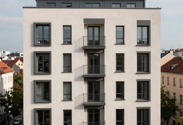 An architectural view of a renovated historic apartment building with modern anthracite window frames and high-quality exterior finish, Central European city background.