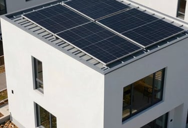 Photography of a newly constructed modern villa with clean lines, white facade, and integrated green solar technology on the roof, bright sunshine.