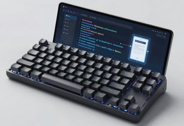 A technical and clean shot of a mechanical keyboard and a glowing screen showing Python algorithms. Digital certificate icons are subtly integrated into the UI. Modern tech aesthetic using #0A0A0A and #ECF0F1.