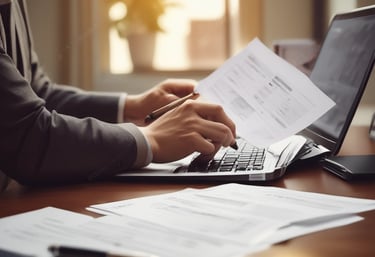 Professional office team collaborating over documents in a modern workspace.