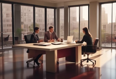 Professional office team collaborating over documents in a modern workspace.