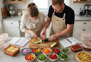 A couple preparing healthy meals together in a modern kitchen with glass food storage containers.