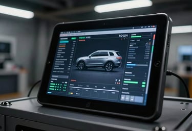 Close-up of a digital diagnostic tablet displaying vehicle data in a dark, high-tech garage setting.