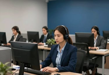 An interior view of a professional customer service office in Brazil, featuring clean lines, ergonomic desks, and a palette of navy and grey blue. Professional and calm atmosphere. América do Sul / Brasileiro.