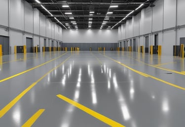 A technician applying a smooth, glossy epoxy floor coating inside a large industrial warehouse.