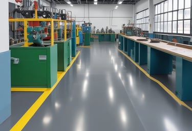 A technician applying a smooth, glossy epoxy floor coating in a large warehouse.