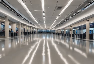 A technician applying a smooth, glossy epoxy floor coating in a large warehouse.