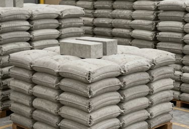 Stacks of industrial-grade cement bags and building blocks organized neatly in a professional Turkish warehouse environment. The atmosphere is clean and conveys large-scale supply capabilities.