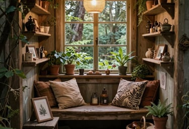 Cozy rustic reading nook with a wooden window bench, indoor plants, and a warm pendant light.