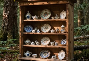 A cozy nook in a deep forest with soft sunlight filtering through ancient trees, showcasing a collection of delicate trinkets on rustic wooden shelves.