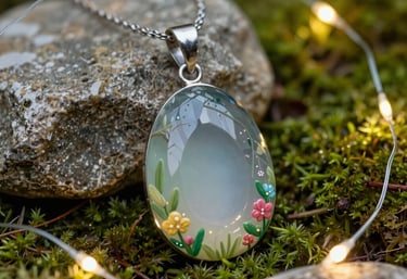 Close-up of a whimsical pendant resting on moss-covered stones surrounded by tiny glowing fairy lights.