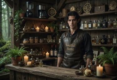 A male apothecary in a rustic wooden shop wearing a Soulful Store apron surrounded by bottles and candles.