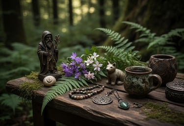 Witchcraft altar in a forest featuring a wizard statue, healing crystals, and pagan talismans.
