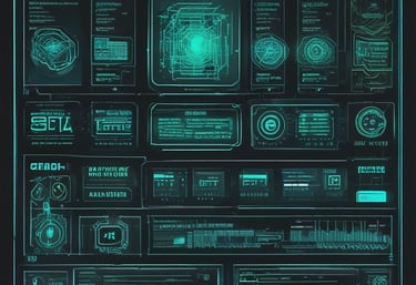 A sleek holographic cityscape glowing softly in neon violet and cyan against a deep black background.