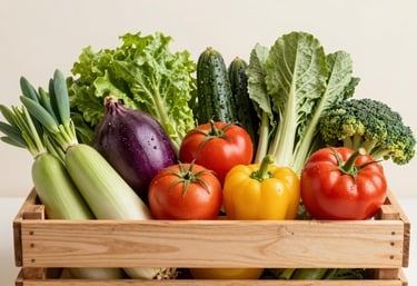 A vibrant arrangement of fresh exported agricultural produce in a clean wooden crate. Natural lighting, off-white background, high quality photography.