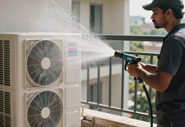 An outdoor AC condenser unit being cleaned with a low-pressure water jet on a bright South Asian apartment balcony.