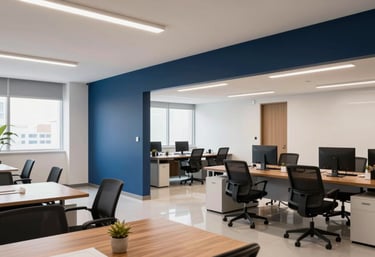 A bright, modern South American / Brazilian office interior with clean lines, Navy Blue accents, and an open, approachable design.