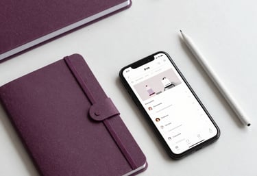A minimalist top-down view of a designer's desk in a US-based studio. High-quality paper notebooks, a digital stylus, and a smartphone displaying a clean website layout. Colors of muted plum and white dominate the scene.