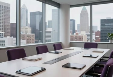 A wide shot of a contemporary boardroom in a North American city. Large windows overlook a skyline. The table holds books and tablets. The palette is white, grey, and deep purple.