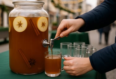 Heiße Gläser mit Apfelpunsch auf einem Holztisch, mit Zimtstangen und Apfelscheiben garniert.