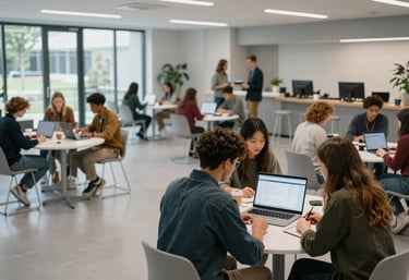 A shot of a contemporary campus social hub where groups of students are collaborating on digital projects in a vibrant, light gray space. Global / English-speaking.